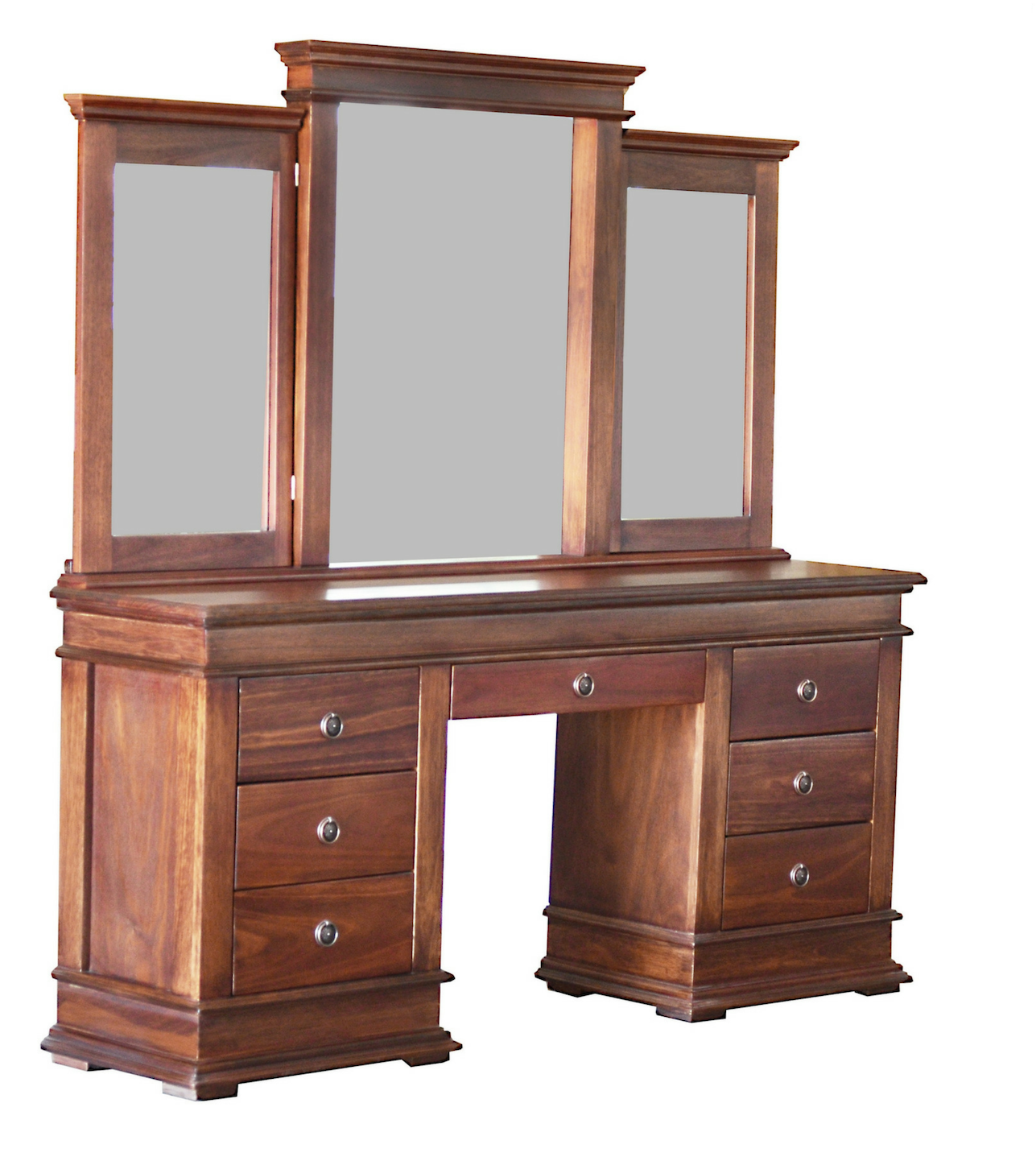 A Wooden Vanity With Three Mirrors