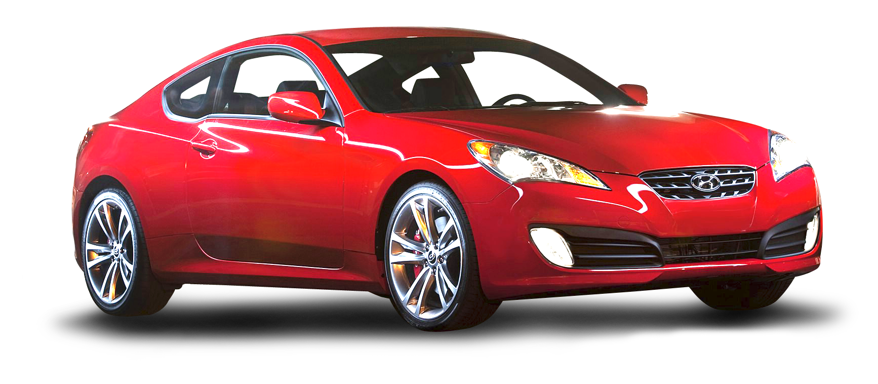 A Red Car With Its Headlights On