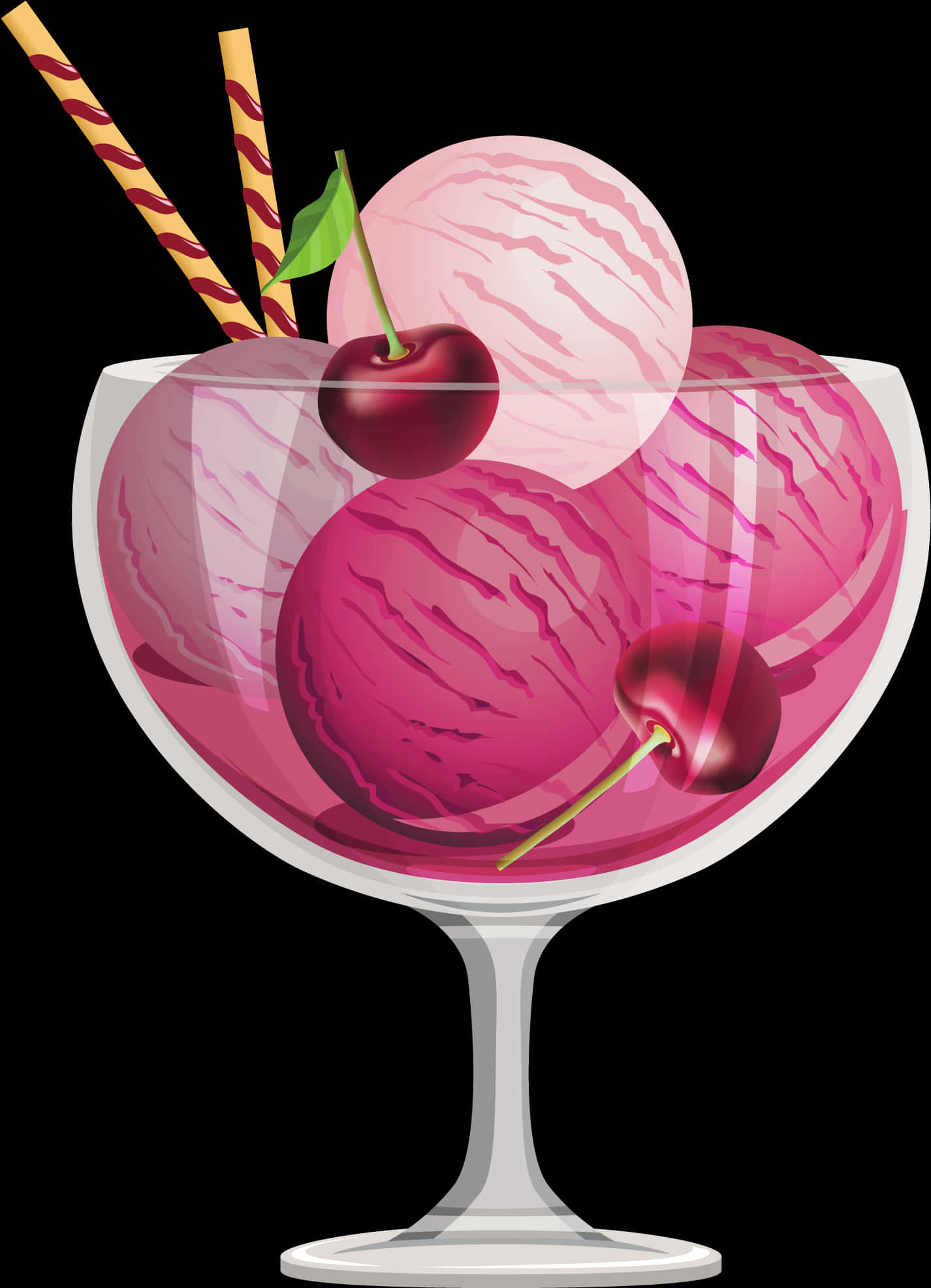 A Glass Of Ice Cream With Cherries And Straws