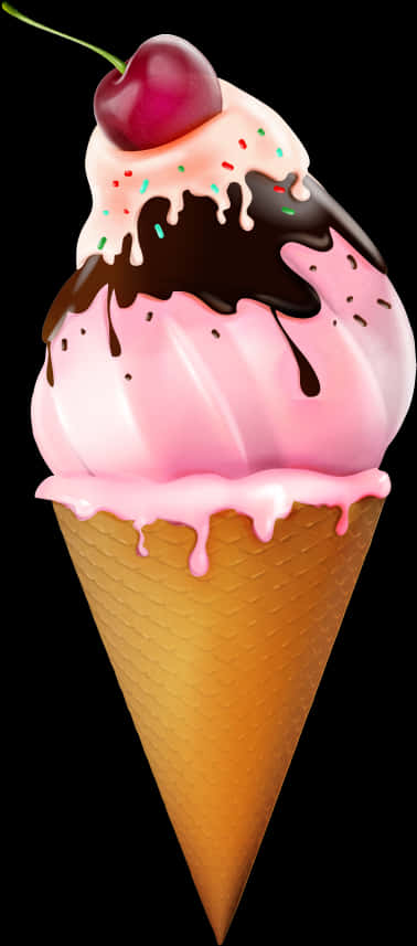 A Pink Ice Cream Cone With Chocolate Topping