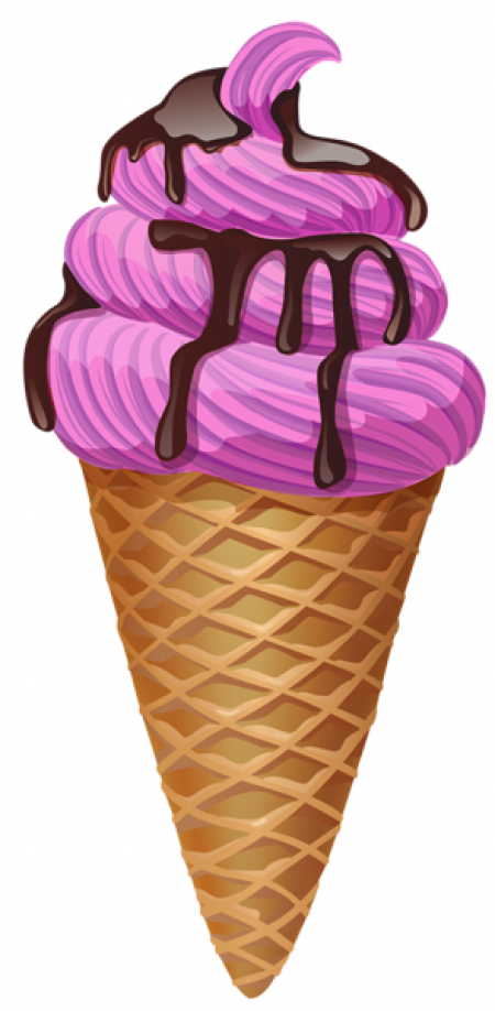 A Pink Ice Cream Cone With Chocolate Drizzle