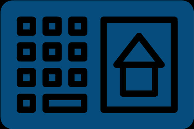 A Blue And Black Rectangular Object With A House And A Square And A Black Rectangle
