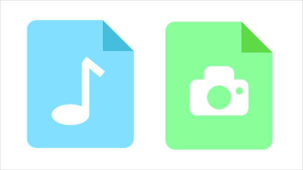 A Blue And Green Rectangles With A Music Note And A Camera