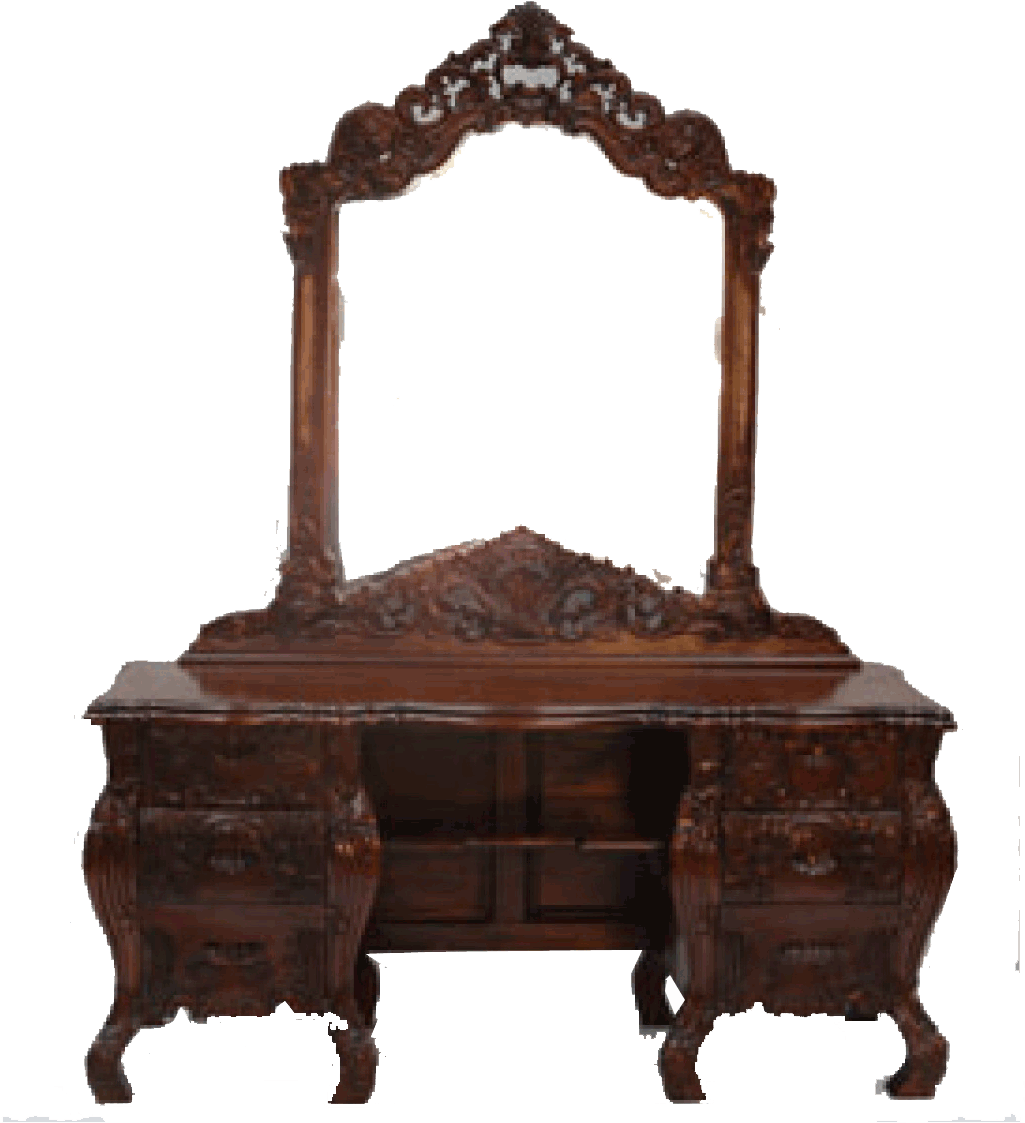 A Wooden Dresser With A Mirror