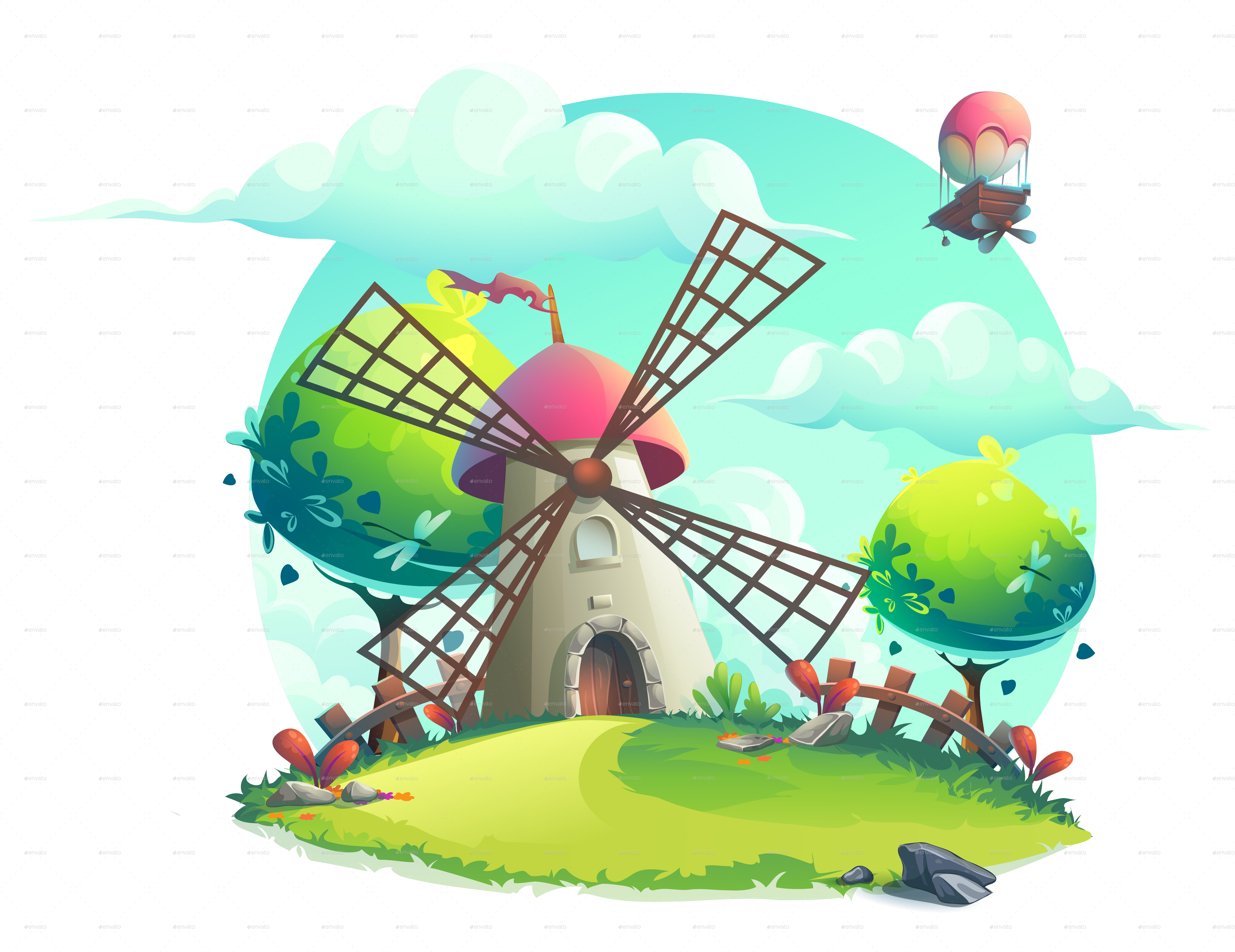 A Cartoon Windmill On A Green Field