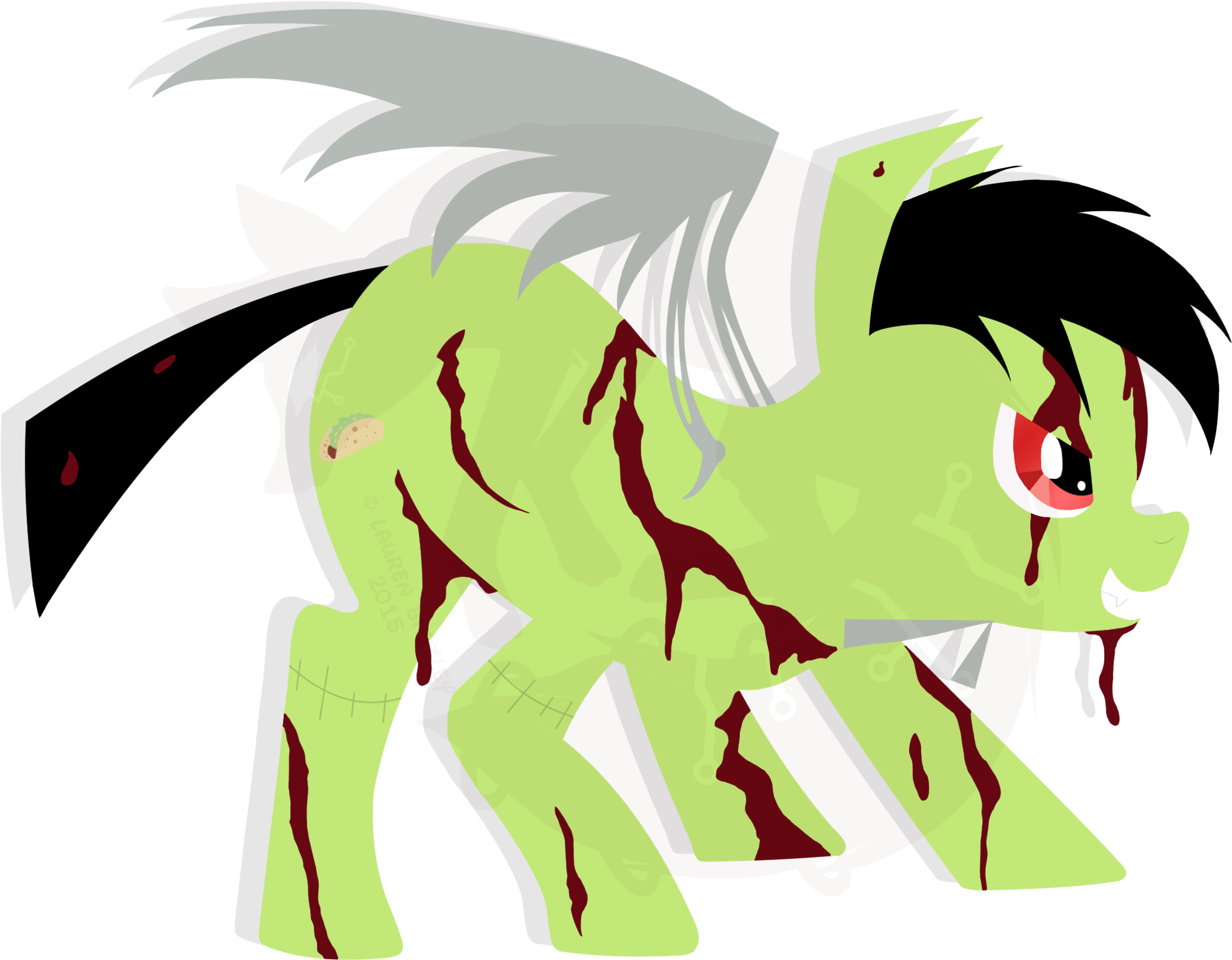 A Cartoon Of A Green Horse With Blood On Its Body