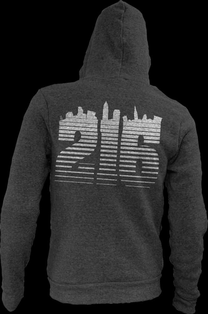 A Person Wearing A Grey Sweatshirt With A City Skyline On The Back