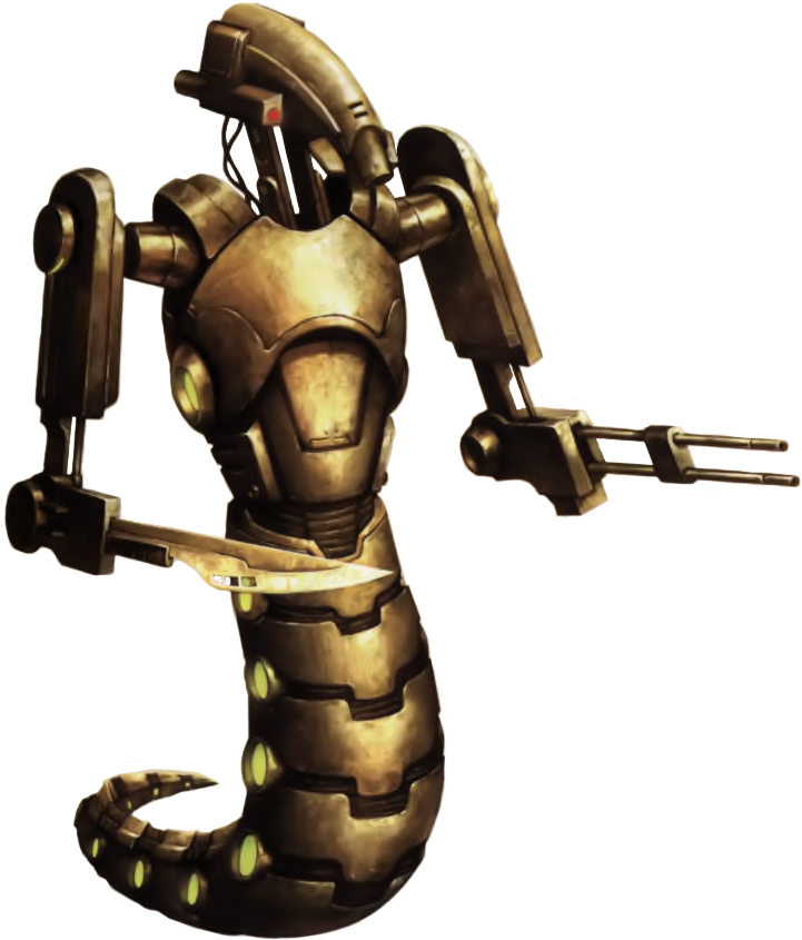 A Gold Robot With A Long Tail And Two Guns