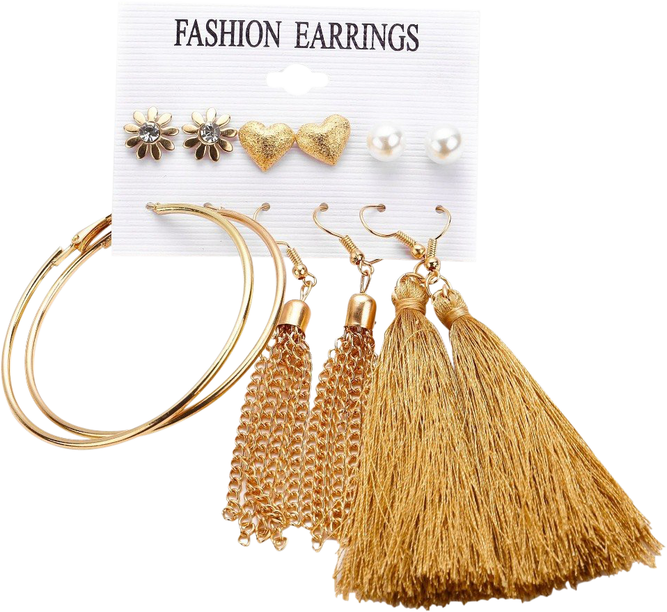 A Gold Earrings And Earrings On A White Card