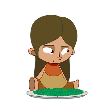 Cartoon Of A Girl Sitting With A Plate Of Peas