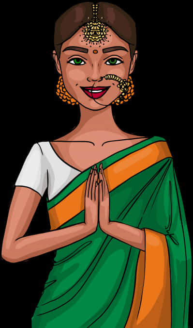 A Cartoon Of A Woman In A Green And Orange Sari