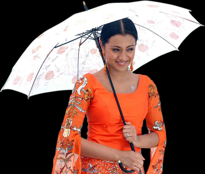 A Woman In An Orange Dress Holding An Umbrella