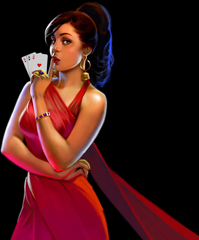A Woman In A Red Dress Holding Playing Cards