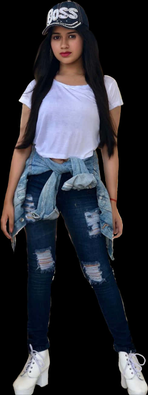 A Woman Wearing Ripped Jeans