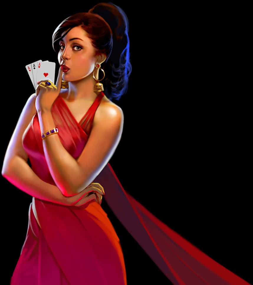 A Woman In A Red Dress Holding Playing Cards