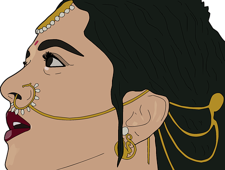 A Woman With Black Hair And Gold Jewelry
