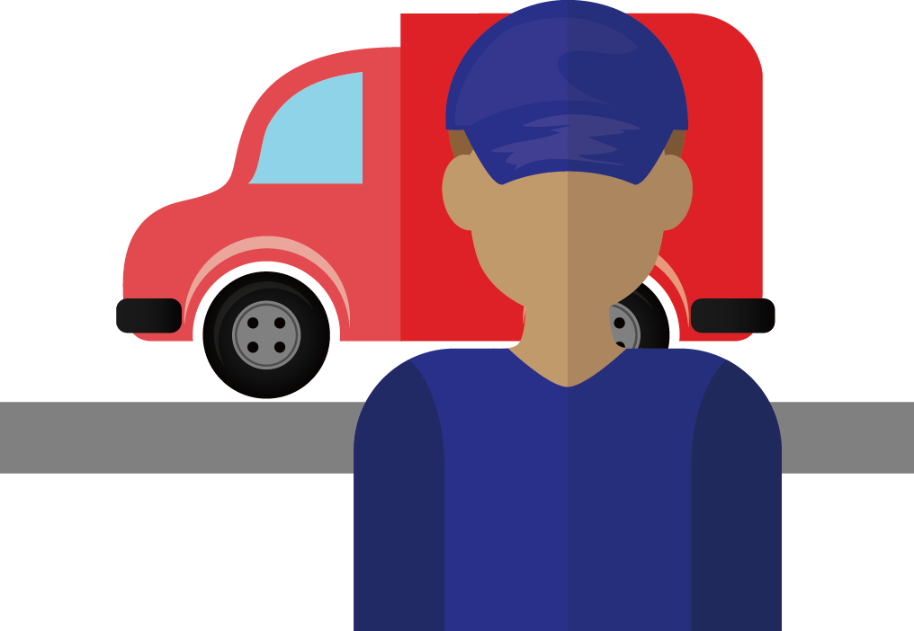 A Man In A Blue Hat And Blue Shirt Standing Next To A Red Truck