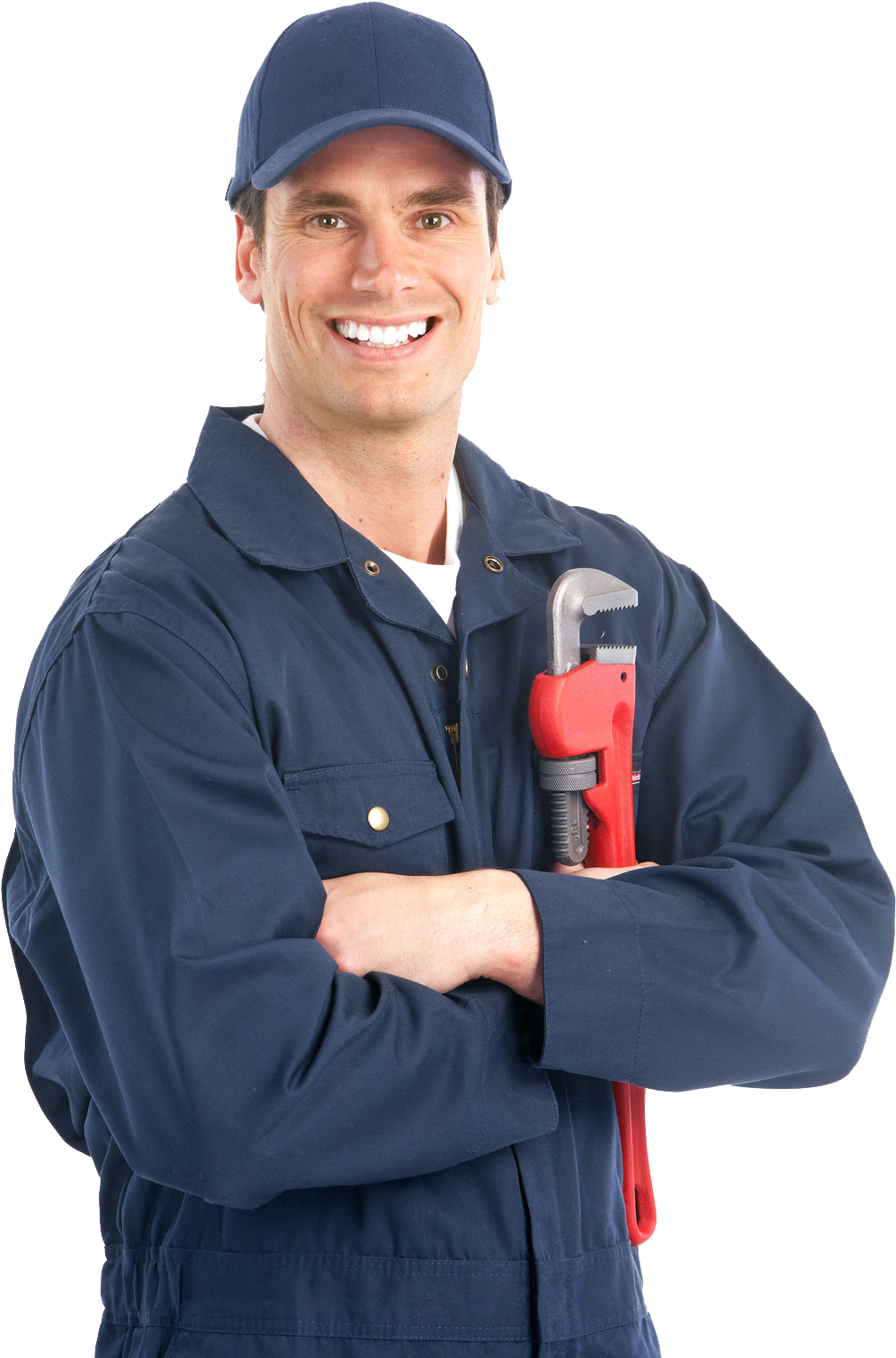 A Man Wearing A Blue Jacket And Holding A Red Wrench