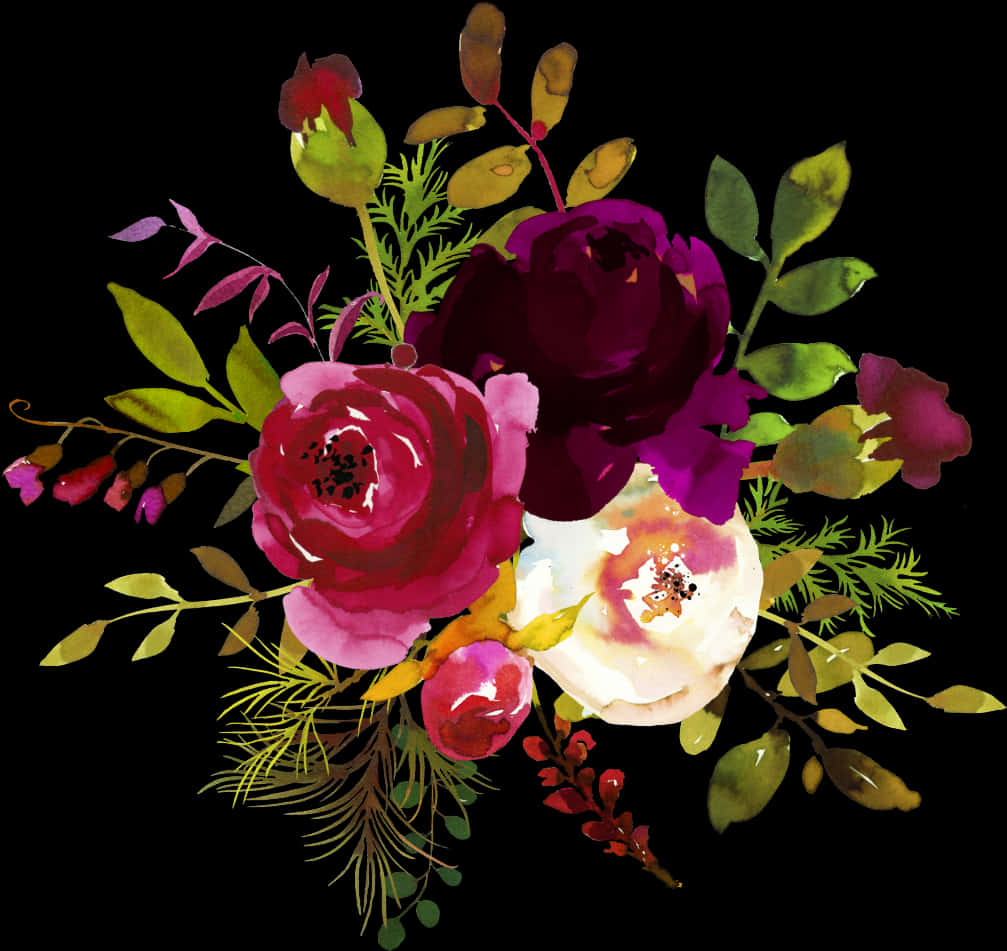 A Bouquet Of Flowers On A Black Background