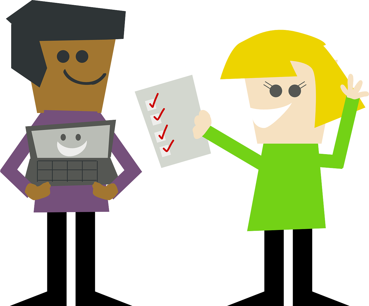 Cartoon Characters Holding A Paper And A Laptop