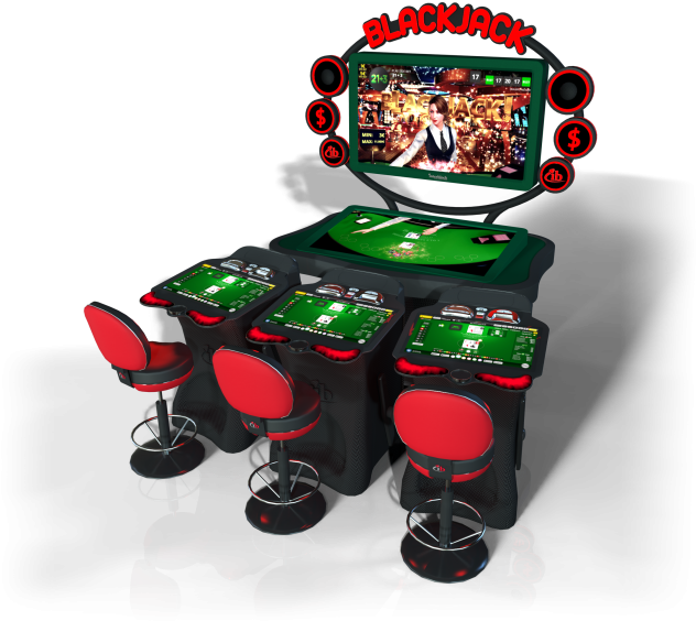 A Blackjack Table With Red Chairs And A Screen