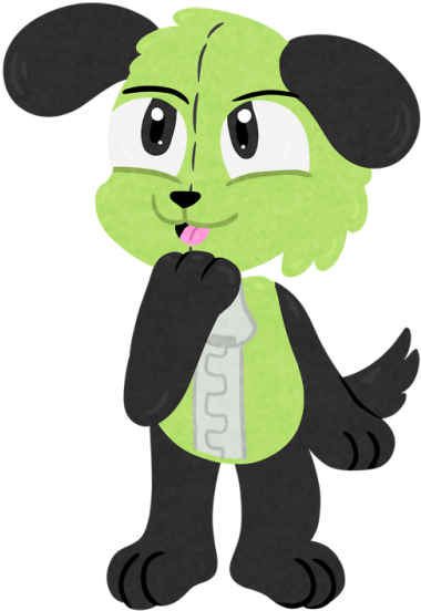 Cartoon Of A Green Dog With Black Ears And Black Hair