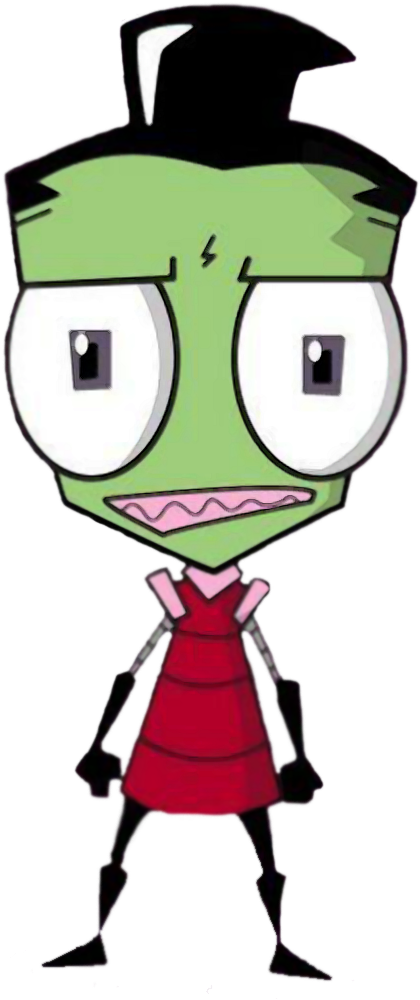 Cartoon Green And Pink Alien With Big Eyes And A Red Dress