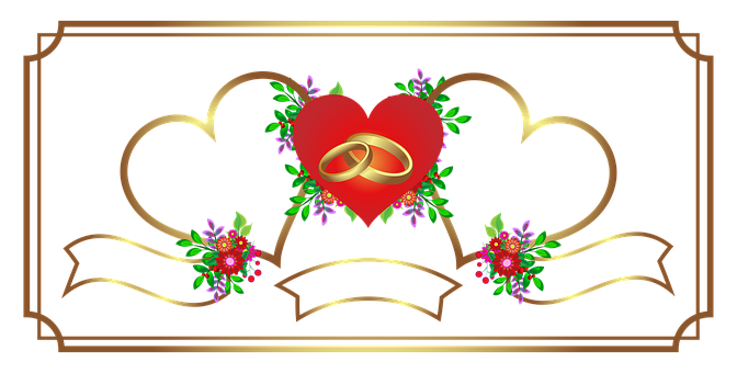 A Heart With Gold Rings And Flowers