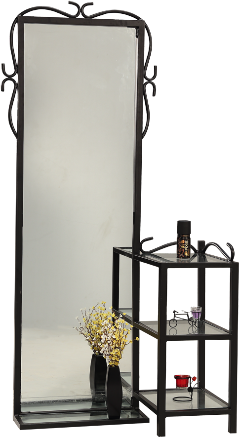 A Mirror And Shelf With Flowers