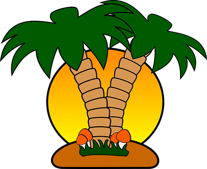 A Cartoon Of Palm Trees And A Yellow Sun
