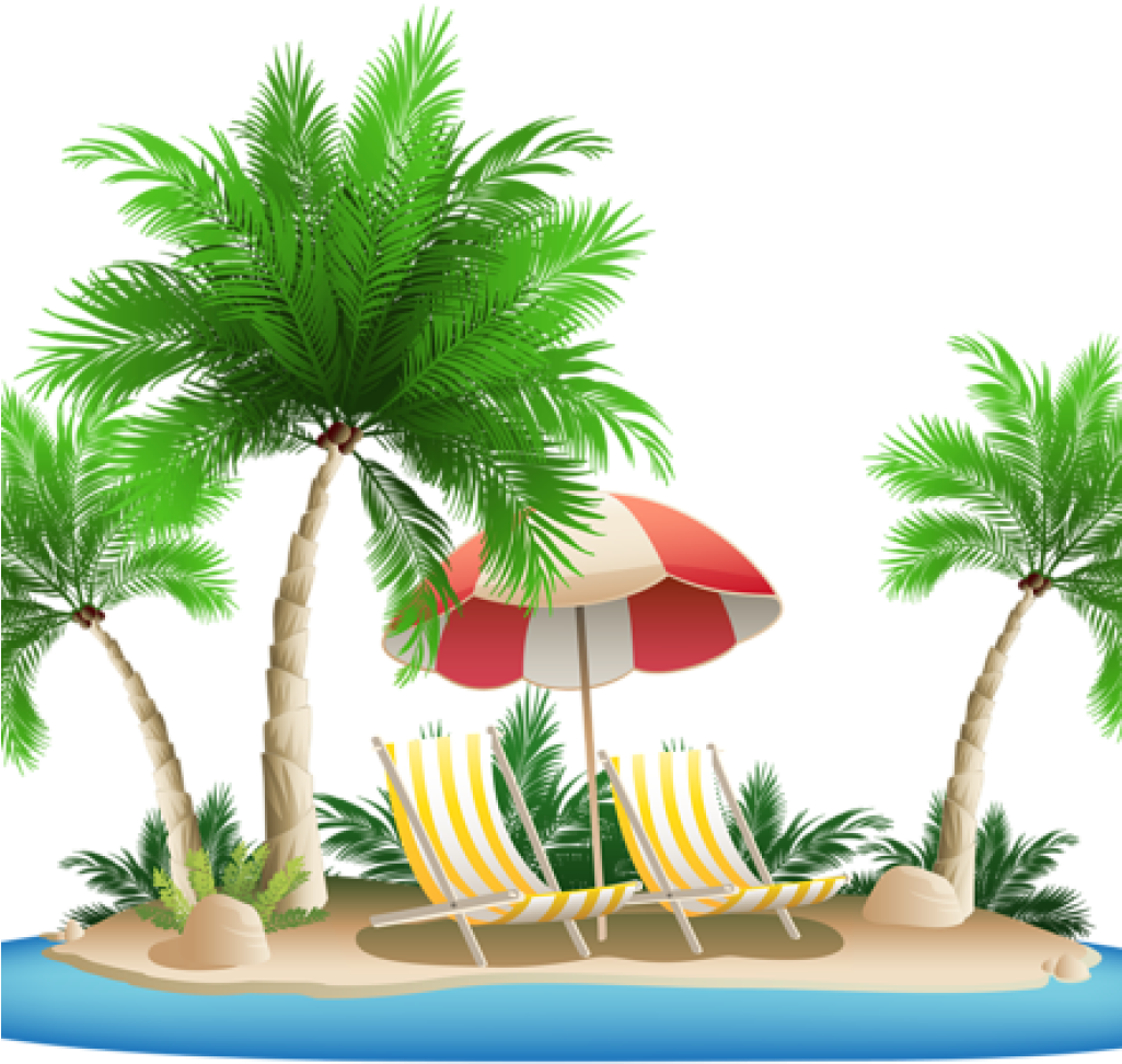 A Beach Chairs And Umbrella On An Island With Palm Trees
