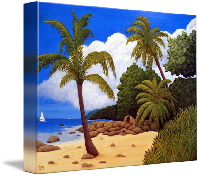 A Painting Of A Beach With Palm Trees And Rocks