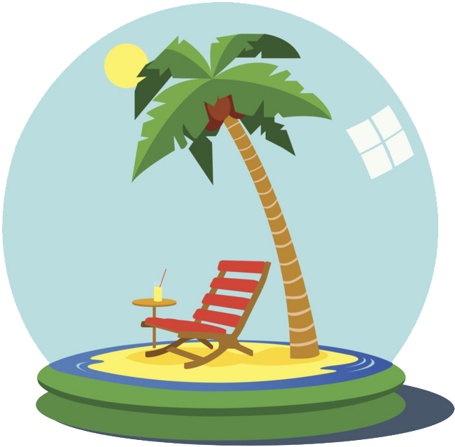 A Chair And Table On A Small Island With Palm Trees
