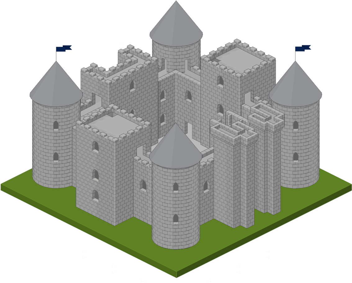 A Grey Castle With Towers And A Green Patch Of Grass