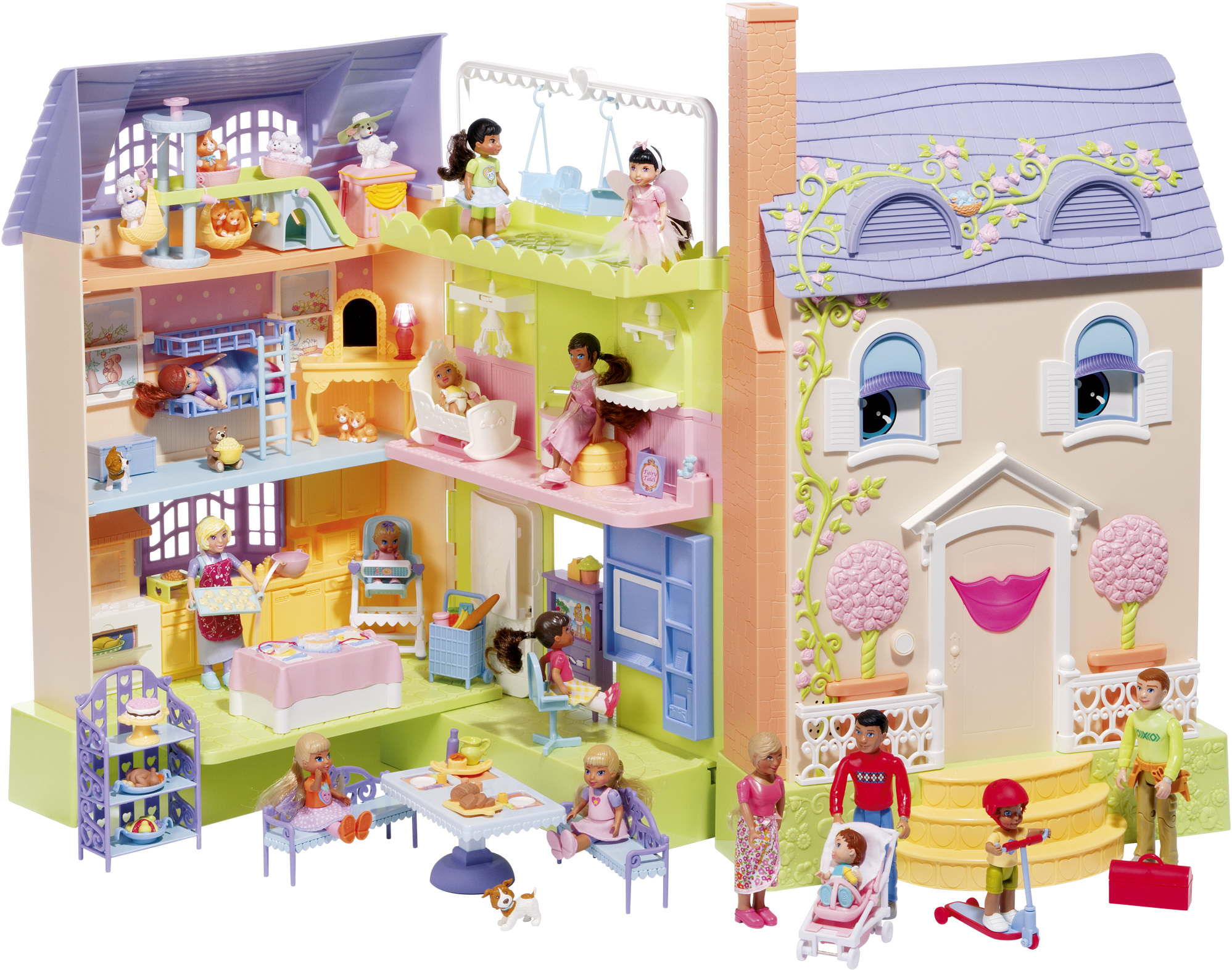A Toy House With Dolls And A Doll House