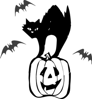 A Black And White Image Of A Pumpkin And Bats