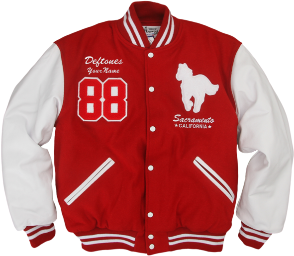 A Red And White Jacket With A White And Black Logo