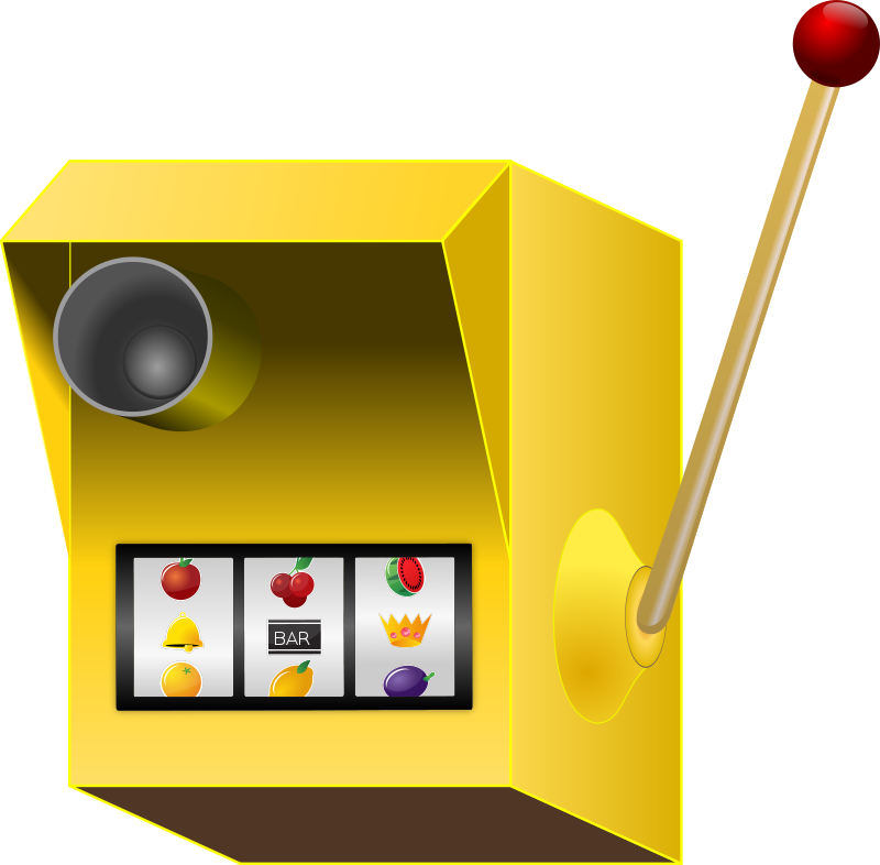 A Yellow Slot Machine With A Stick And Fruit Icons