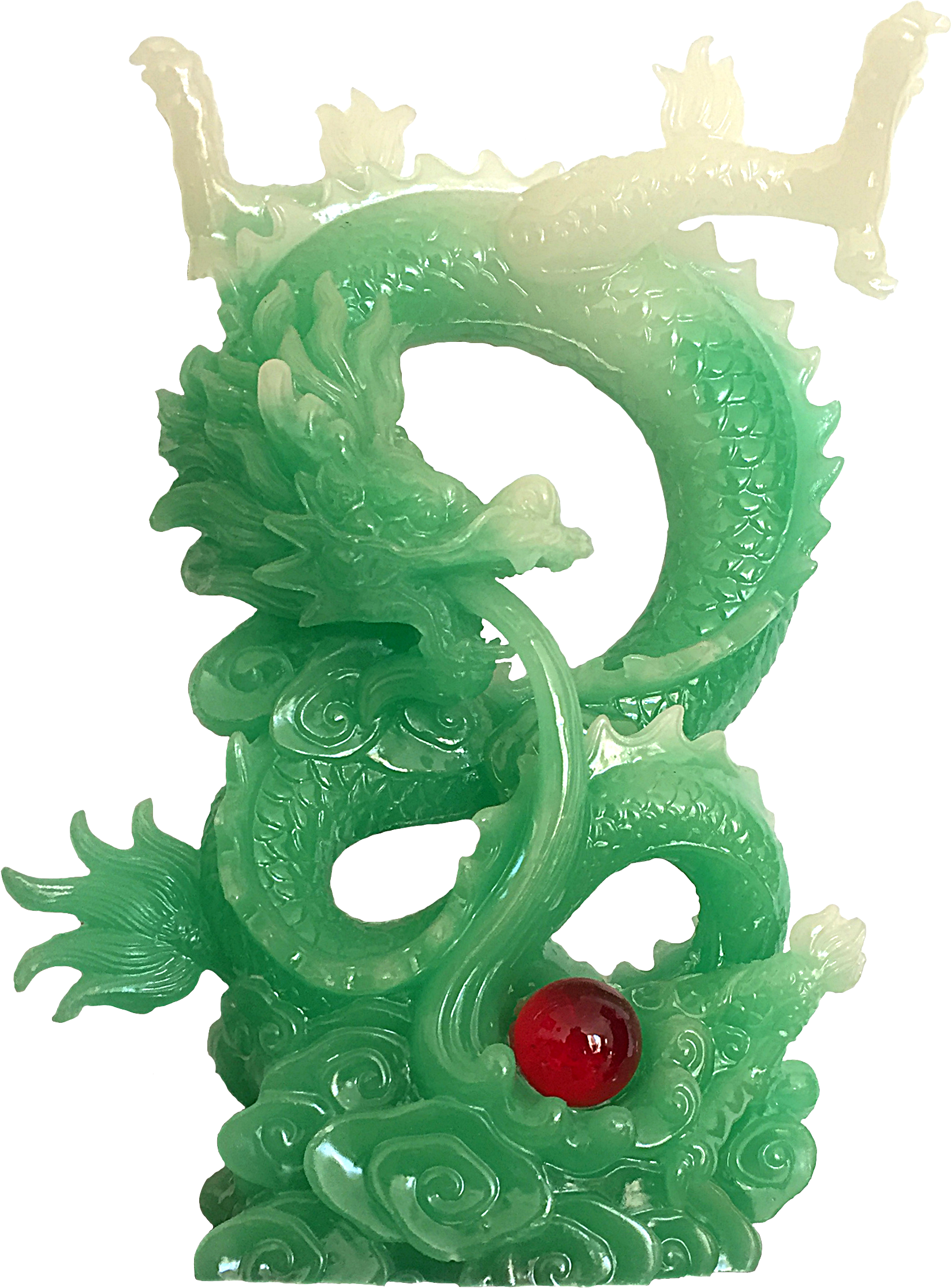 A Green Dragon Statue With A Red Ball