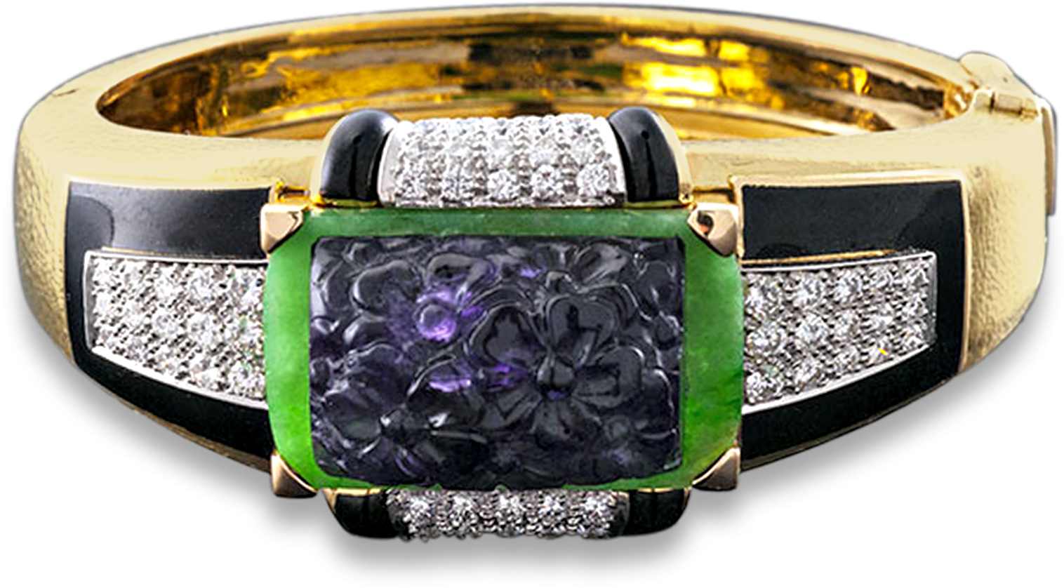 A Gold And Black Bracelet With A Green Square And Diamonds