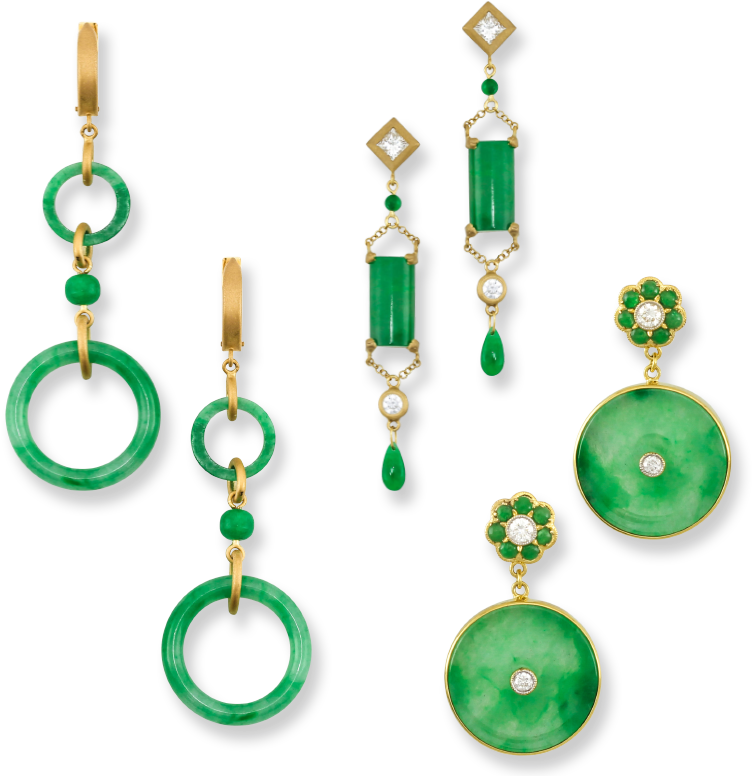 A Group Of Earrings With Green Stones