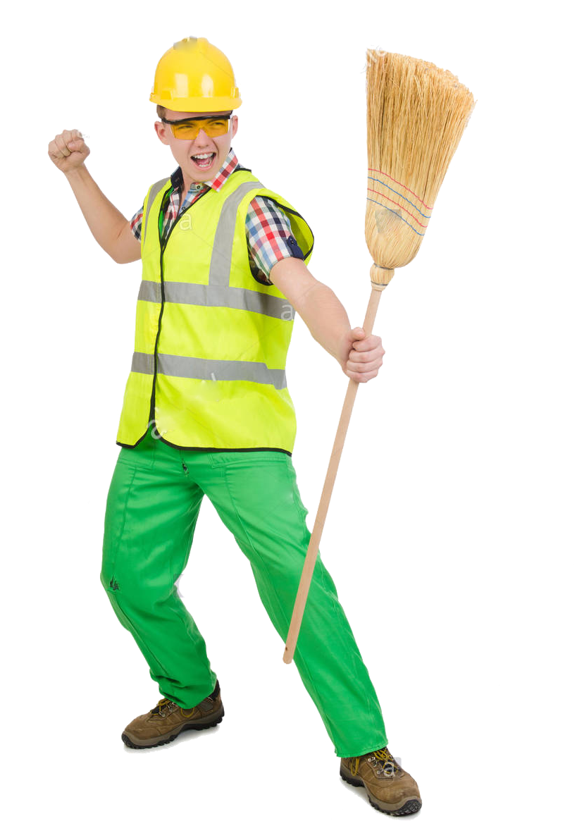 A Man In A Safety Vest And Green Pants Holding A Broom