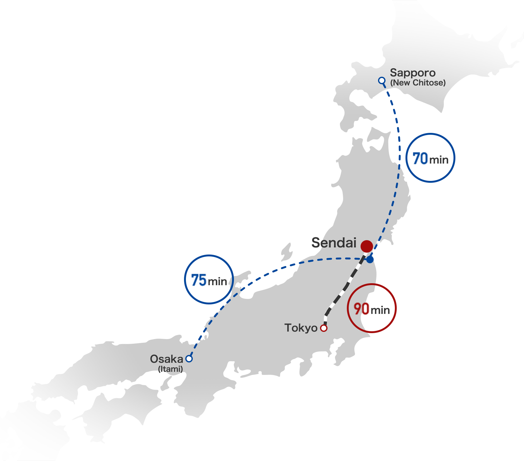 A Map Of Japan With Blue Circles And Red Dots