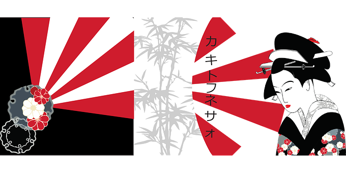 A Fan With Red And White Stripes And A Bamboo Tree