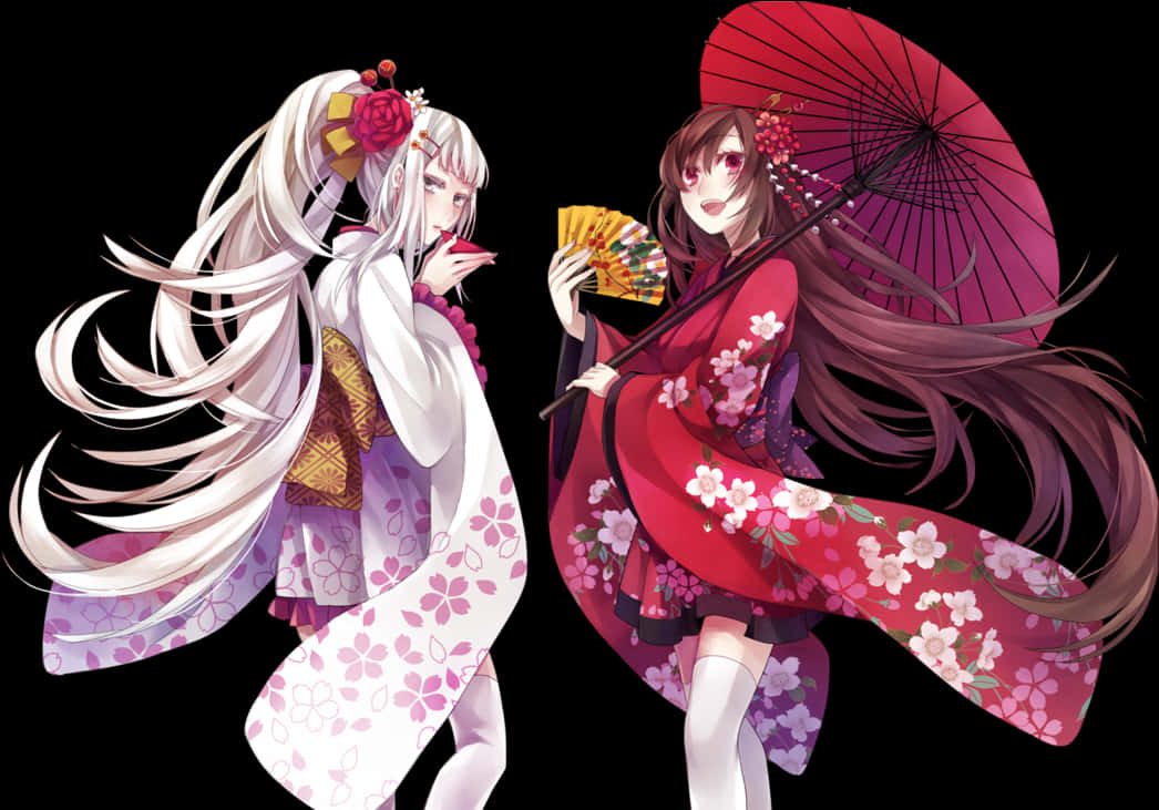 A Couple Of Women In Kimonos Holding Umbrellas