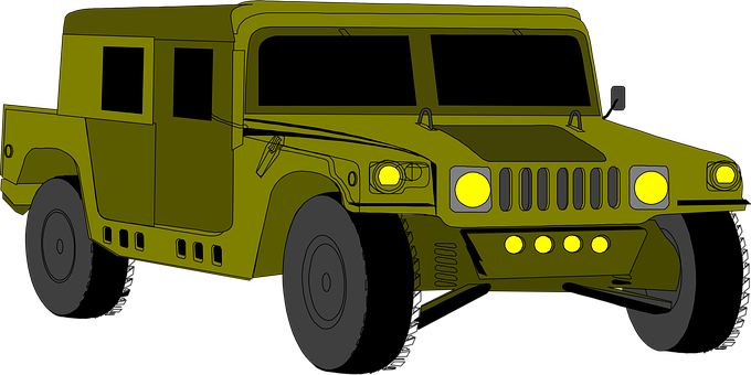 A Yellow Military Vehicle With Headlights On