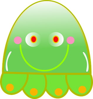 A Green Cartoon Character With Pink Eyes And A Smiling Face