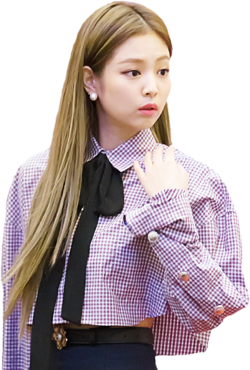 A Woman With Long Hair Wearing A Pink And White Checkered Shirt