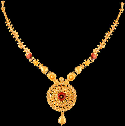 A Gold Necklace With Red Stones