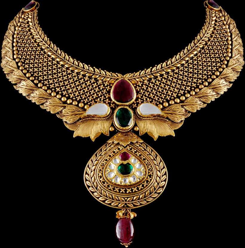 A Gold Necklace With Gemstones And A Black Background
